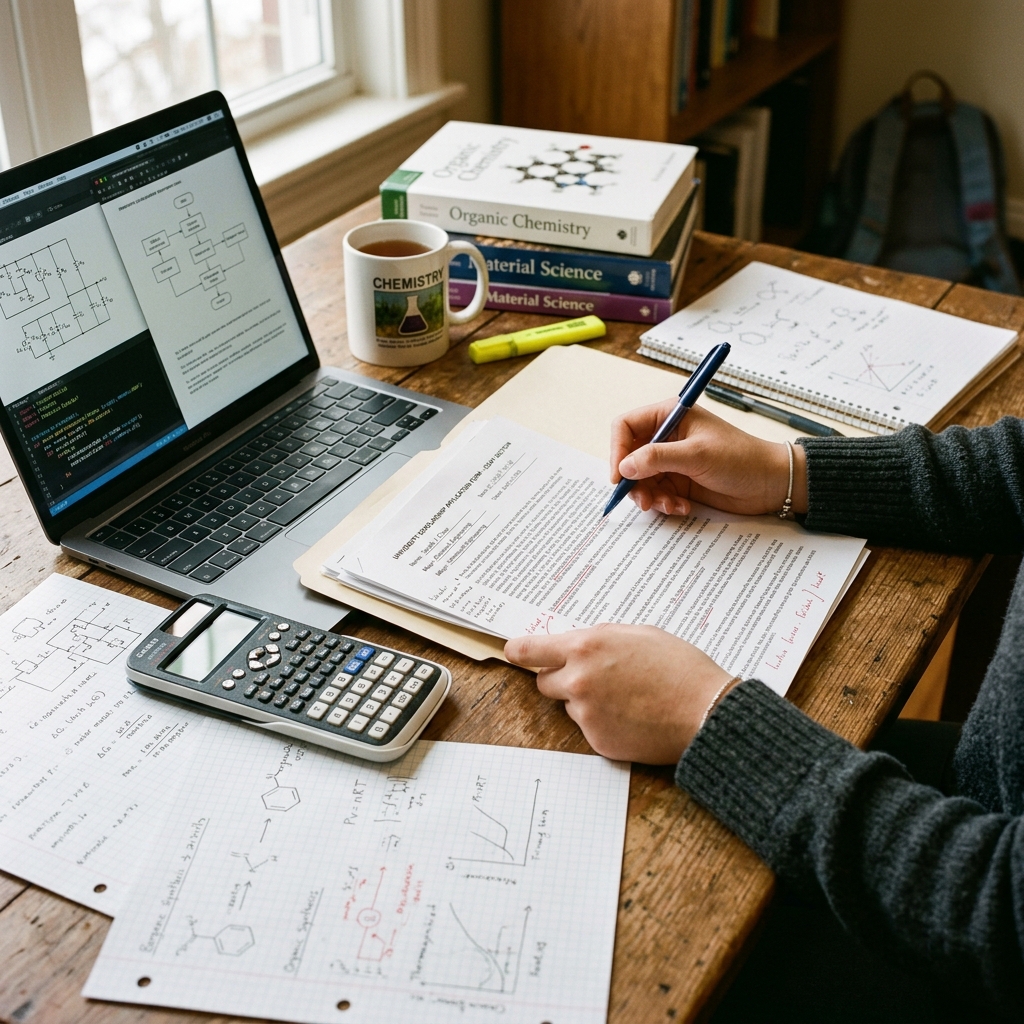 Manos de estudiante revisando documentos de ingeniería química y planillas de solicitud de beca en un escritorio rústico de madera