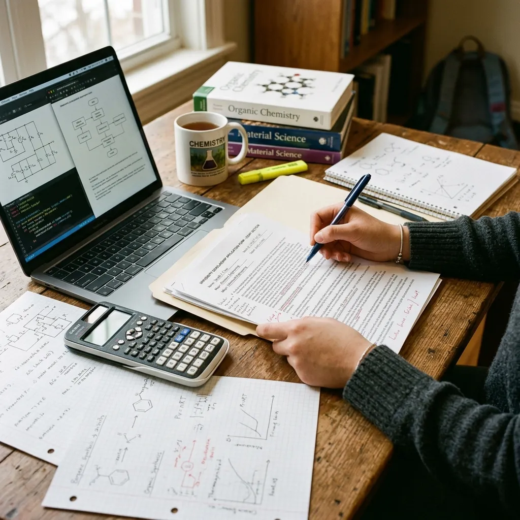 Manos de estudiante revisando documentos de ingeniería química y planillas de solicitud de beca en un escritorio rústico de madera