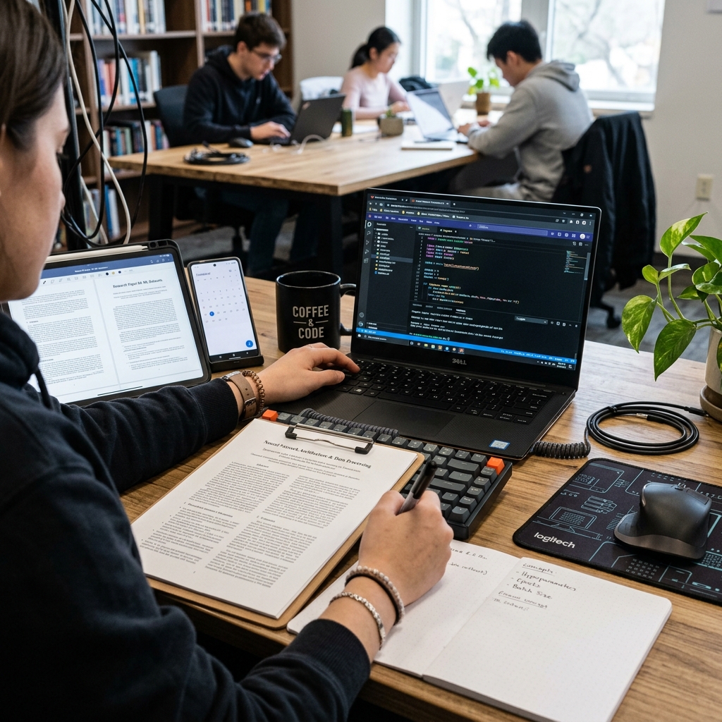 Estudiante analizando código de programación en una laptop y organizando documentos de becas tecnológicas en un escritorio moderno