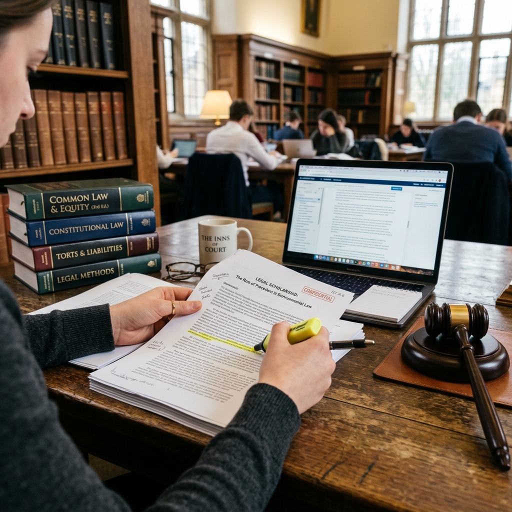 Estudiante de derecho revisando documentos de solicitud de beca en una biblioteca con un mallete de juez cercano