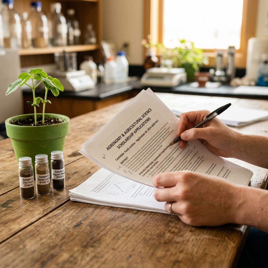 Estudiante de ciencias agrícolas revisando documentos de solicitud de beca junto a una pequeña planta y muestras de tierra en un laboratorio