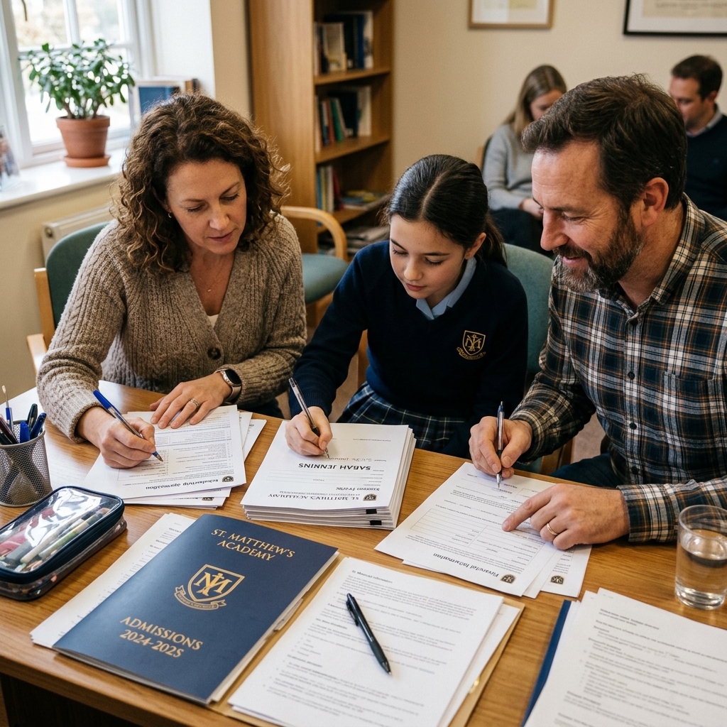 Familia y estudiante completando formularios de inscripción escolar y solicitud de beca en una oficina académica
