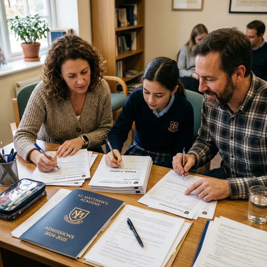 Familia y estudiante completando formularios de inscripción escolar y solicitud de beca en una oficina académica