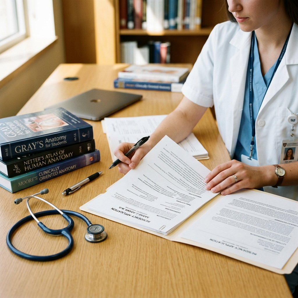 Estudiante de medicina en bata de laboratorio revisando documentos de becas médicas junto a un estetoscopio en un escritorio
