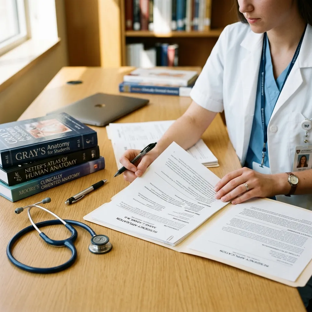 Estudiante de medicina en bata de laboratorio revisando documentos de becas médicas junto a un estetoscopio en un escritorio