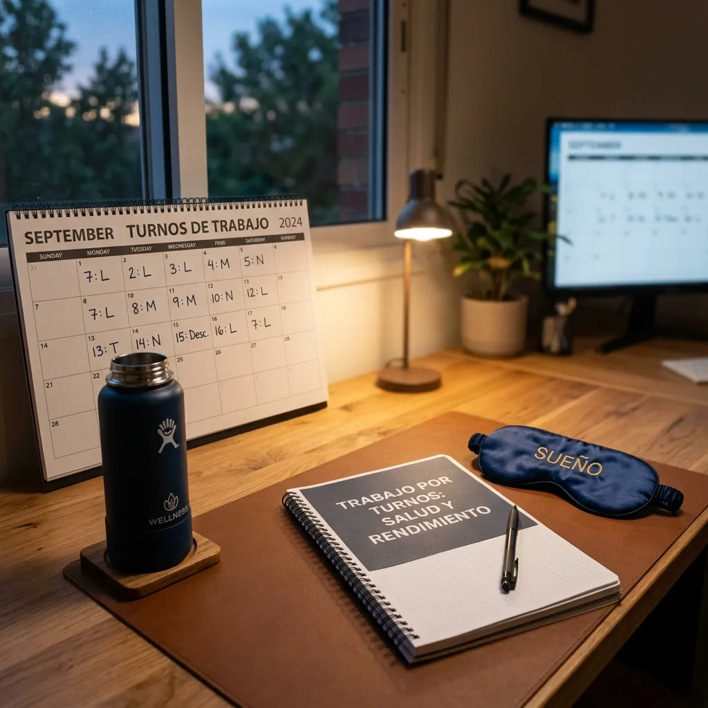 Calendario de turnos de trabajo, antifaz para dormir de seda y botella de agua Hydroflask en un escritorio de oficina moderno