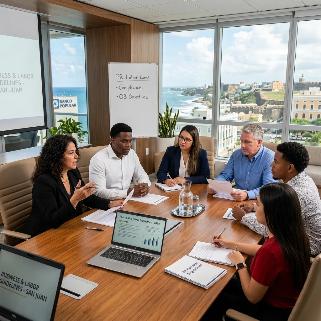 Equipo de profesionales discutiendo normativas laborales y cumplimiento en Puerto Rico