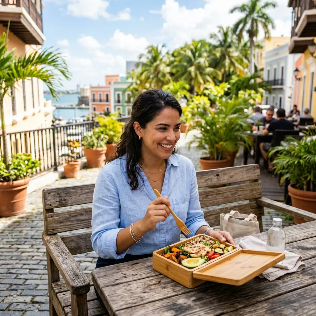 Profesional sonriente almorzando al aire libre en un banco de terraza en San Juan, Puerto Rico