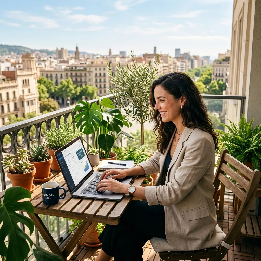 Freelancer remota trabajando alegremente con su computadora portátil en un balcón rodeada de plantas