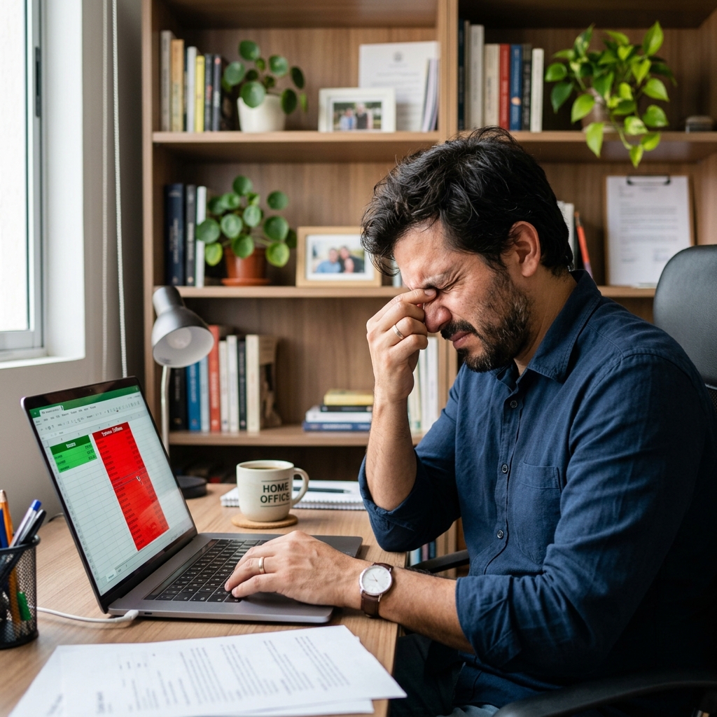 Empleado estresado en su oficina en casa mirando una pantalla de presupuesto en Excel