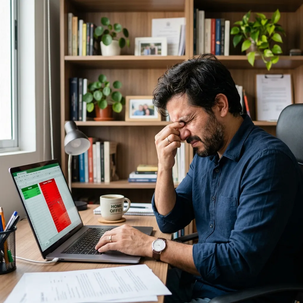 Empleado estresado en su oficina en casa mirando una pantalla de presupuesto en Excel