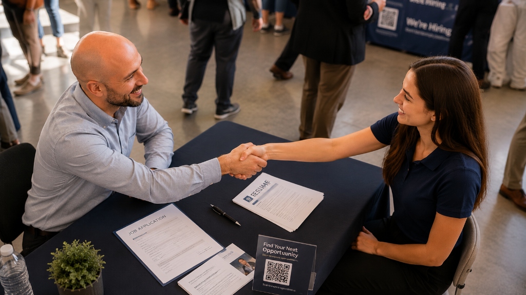 Feria de empleo juvenil con jóvenes profesionales y reclutadores interactuando