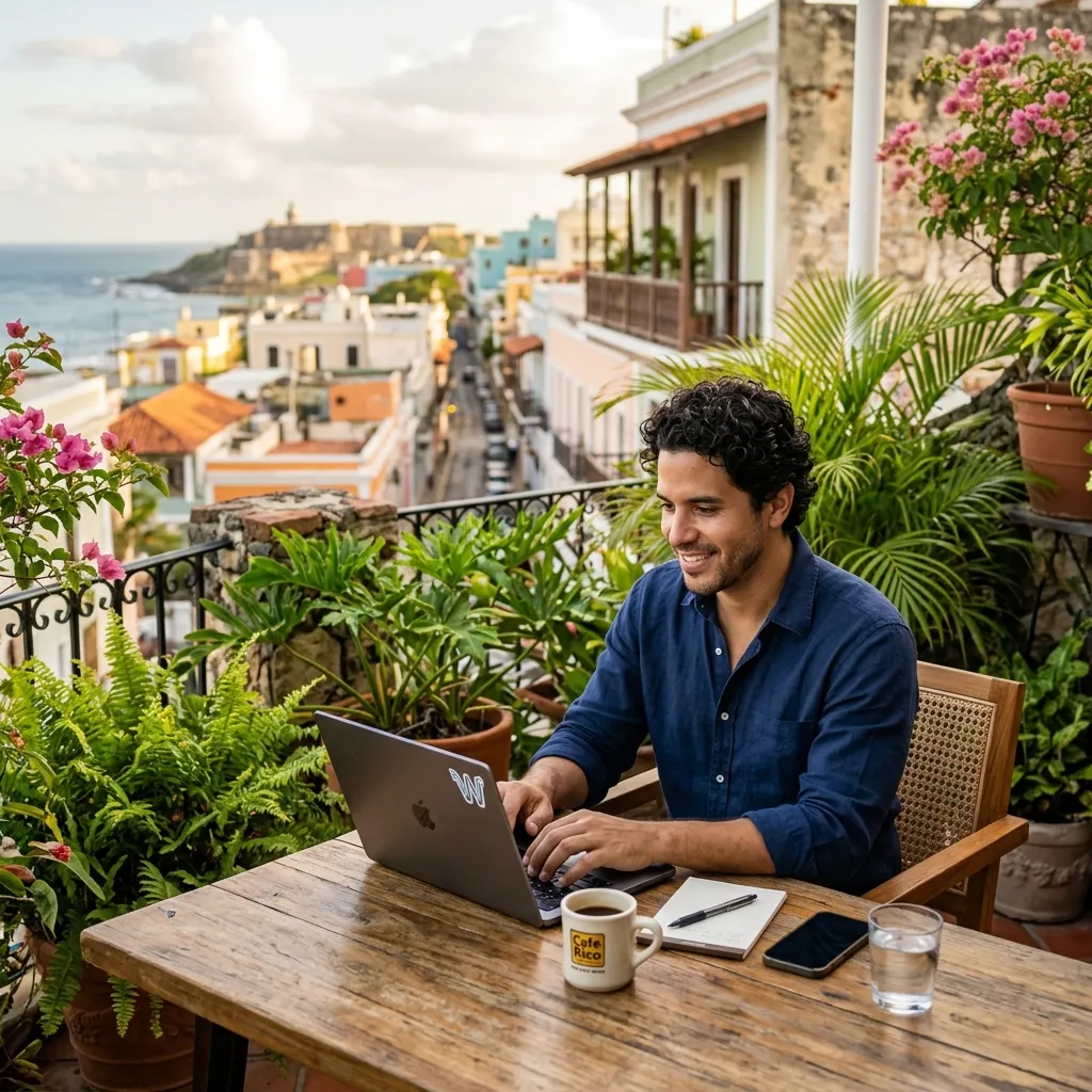 Trabajador remoto gestionando sus impuestos en una terraza en San Juan, Puerto Rico