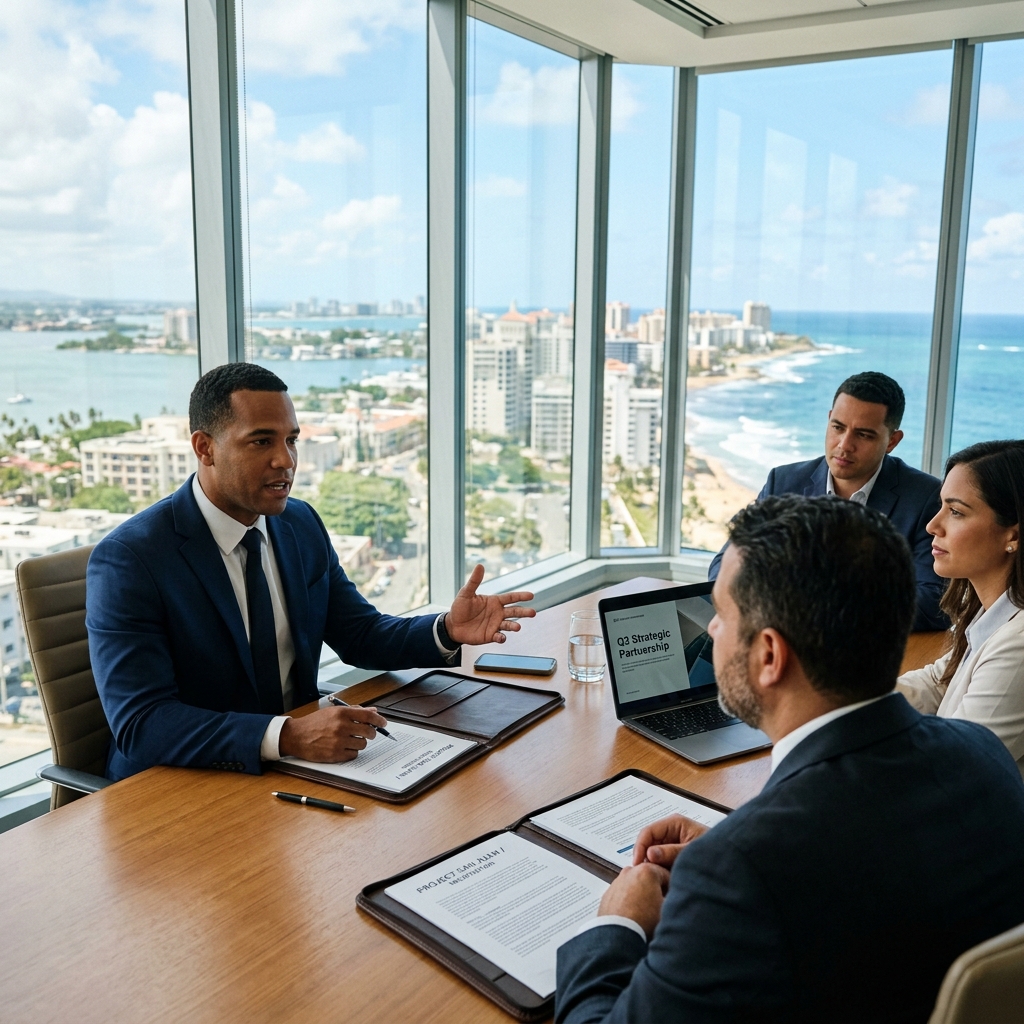 Profesional negociando de forma asertiva en una oficina en San Juan, Puerto Rico