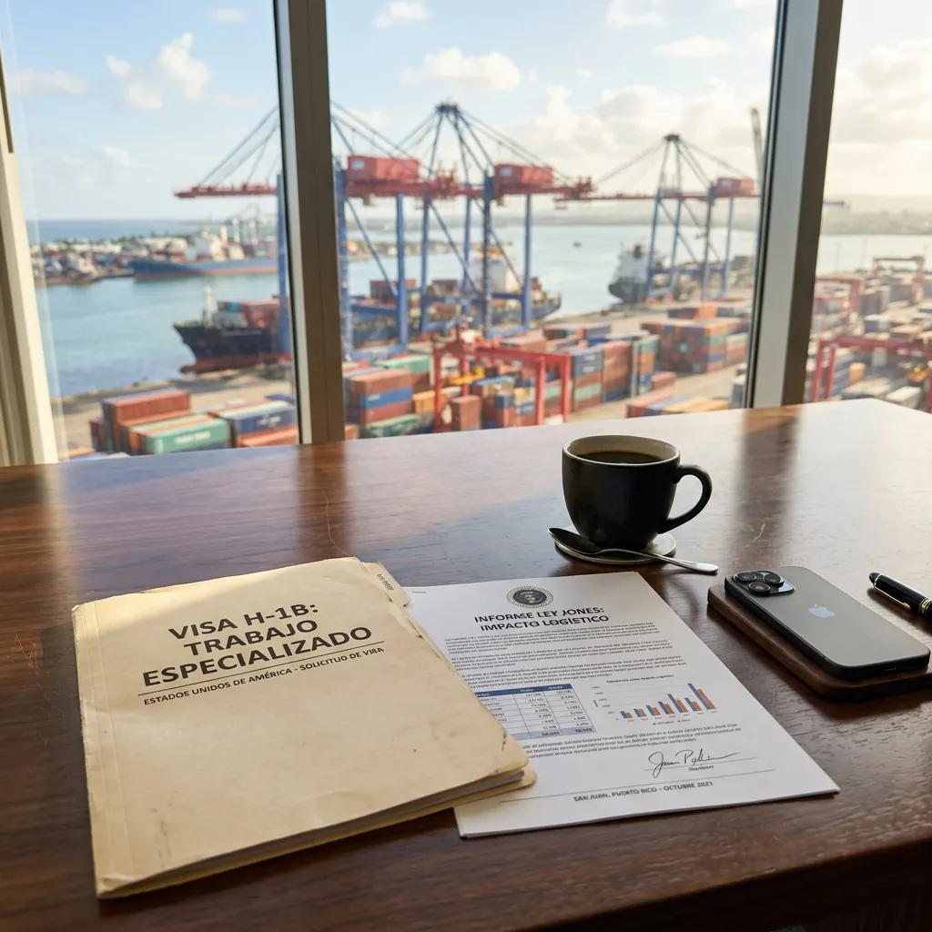 Carpeta de solicitud de visa H-1B de EE.UU. e informe sobre la Ley Jones en un escritorio con el puerto de carga de San Juan de fondo