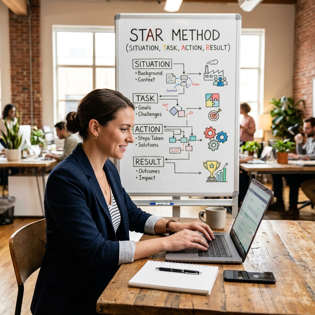 Persona trabajando en una oficina compartida y escribiendo ideas del método STAR
