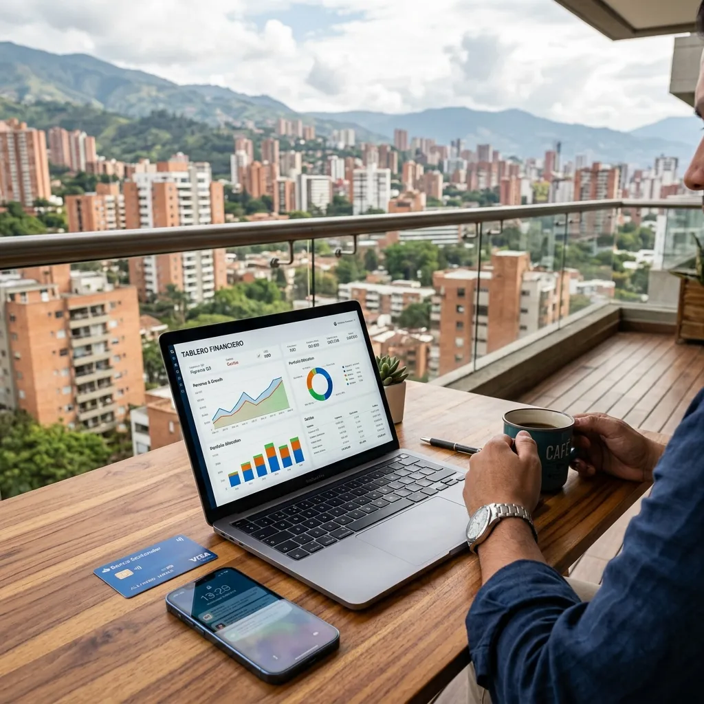 Computadora portátil con gráficos financieros de ganancias de trabajo remoto frente a un horizonte de edificios de Latinoamérica