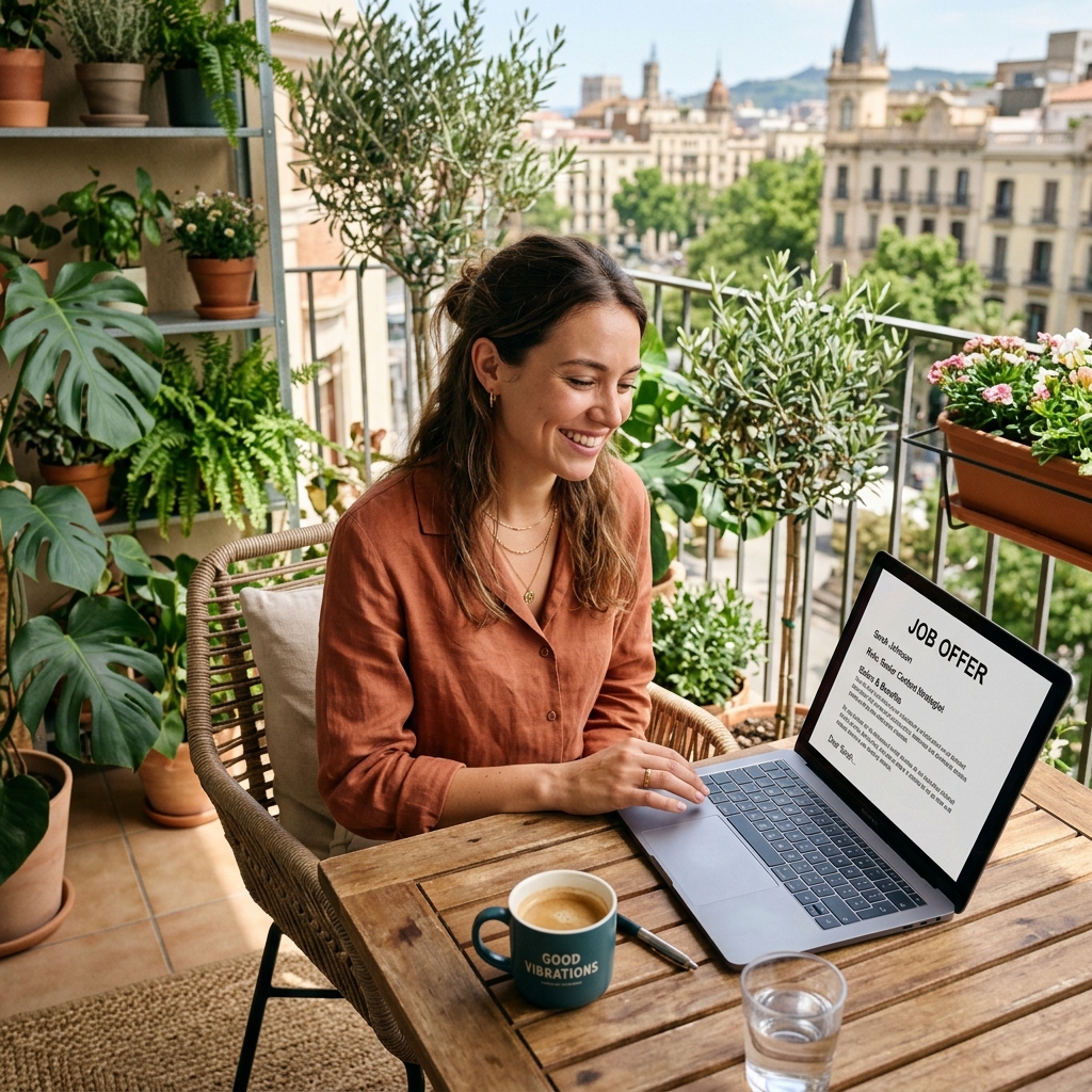 Profesional sonriente revisando una oferta de trabajo en su laptop en un balcón