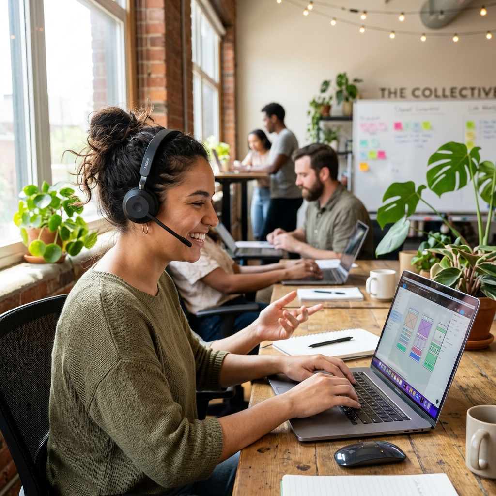 Asistente virtual bilingüe sonriente trabajando en un espacio de oficina moderno compartido