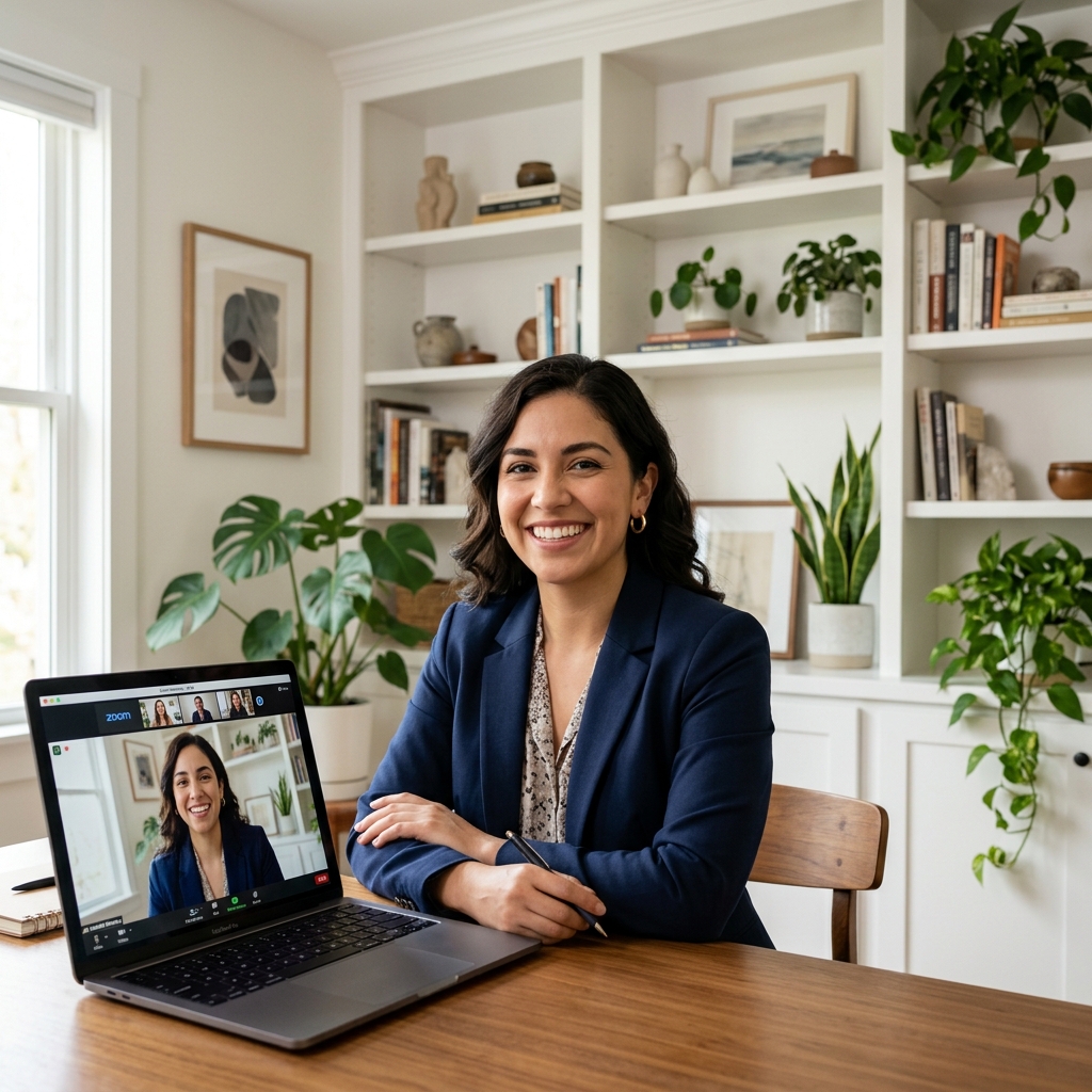 Profesional sonriente participando en una entrevista virtual por videollamada
