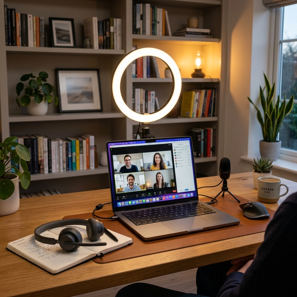 Configuración técnica de oficina en casa con laptop y luz de aro para videollamadas