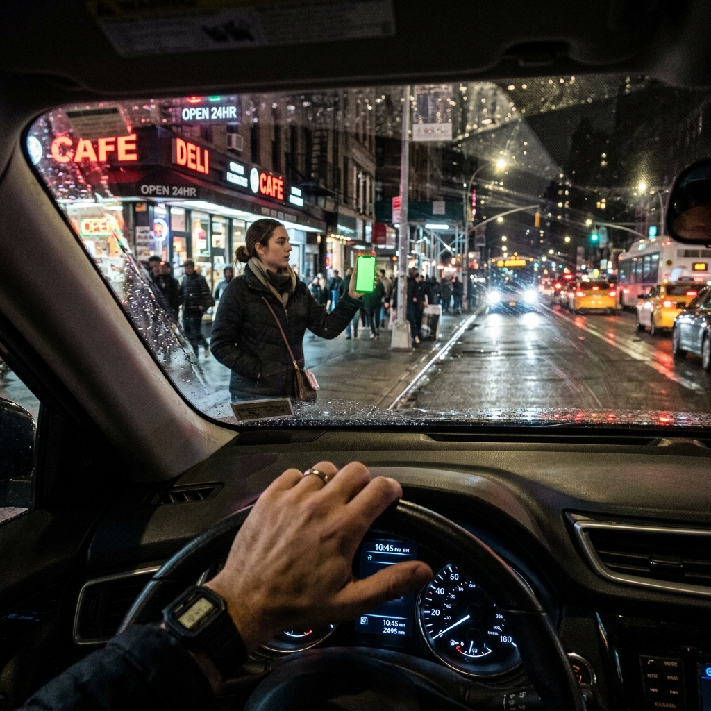 POV de conductor de Uber recogiendo un pasajero con Spotlight en Puerto Rico