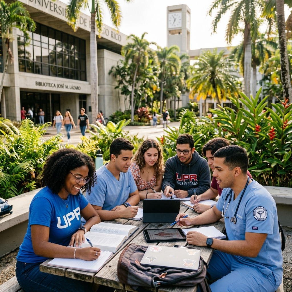 Estudiantes universitarios y médicos colaborando en un campus de Puerto Rico
